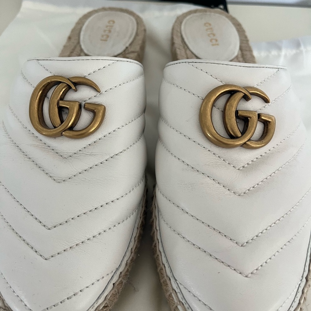Gucci Women's White Mules with Gold Logo